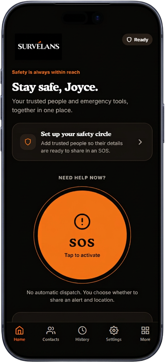 Survelans safety app home screen displayed on a phone